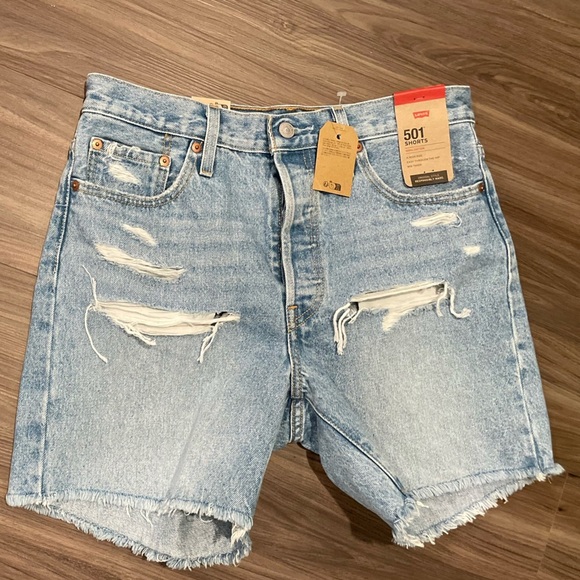 Levi's 501 Blue Jean Shorts high rise Distressed Raw Hem size 29 - Picture 1 of 6